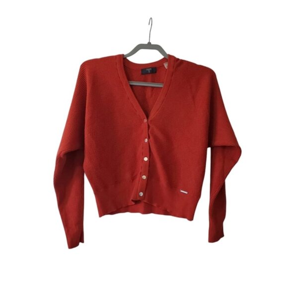 Tahari Burnt Orange Ribbed Boxy Grandpa Button Up Cardigan M - Picture 2 of 8